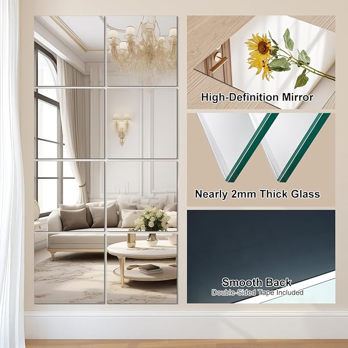 Vlush Home Gym Mirror Tiles 11'' x 11'' x 8PCS Wall Mounted Full Body Mirror for Home Gym, Door, Bedroom & Bathroom