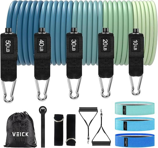 VEICK 10-150LBS Resistance Bands with Handles, Ankle Straps, Door Anchor | Accredited Lab Certified, 100% Natural Latex, Versatile for Yoga, Pilates, Strength, Home Gym