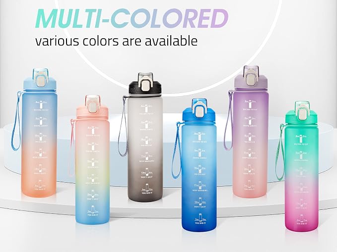 YC Kitchen 32oz Motivational Water Bottle with Straw & Carrying Strap | Leak-proof BPA Free Sports Water Bottles with Time Marker, with Times to Drink,Fitness, Gym, and Outdoor Sports