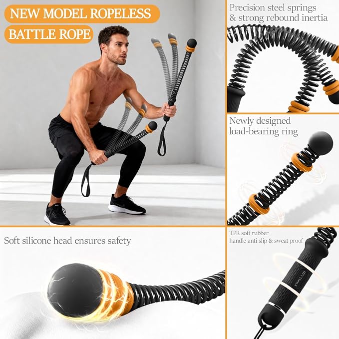 Ropeless Battle Ropes for Exercise Workout Rope, Portable Workout for Home Gym, Exercise Battle Ropes for HIIT Workouts, Low-Impact Cardio Training (Black with Ring)