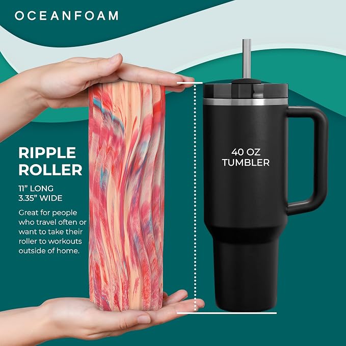 Oceanfoam Ripple Travel Foam Roller (11" x 3.35") Firm Mini Foam Roller for Physical Therapy, Deep Tissue Massage, Back Pain - High Density, Ergonomic Wave Textured - Yoga, Exercise (Cotton Candy)