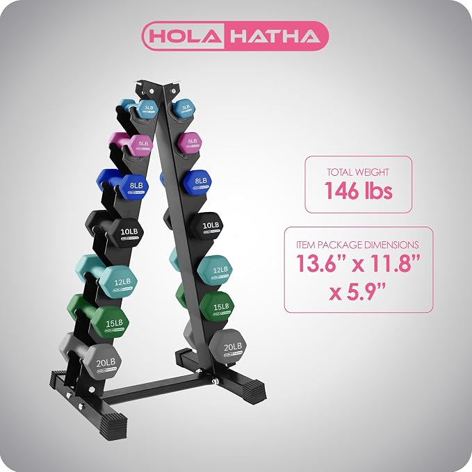 HolaHatha 1, 2 and 3 lb Neoprene Dumbbell Strength Training Weight Set with Rack