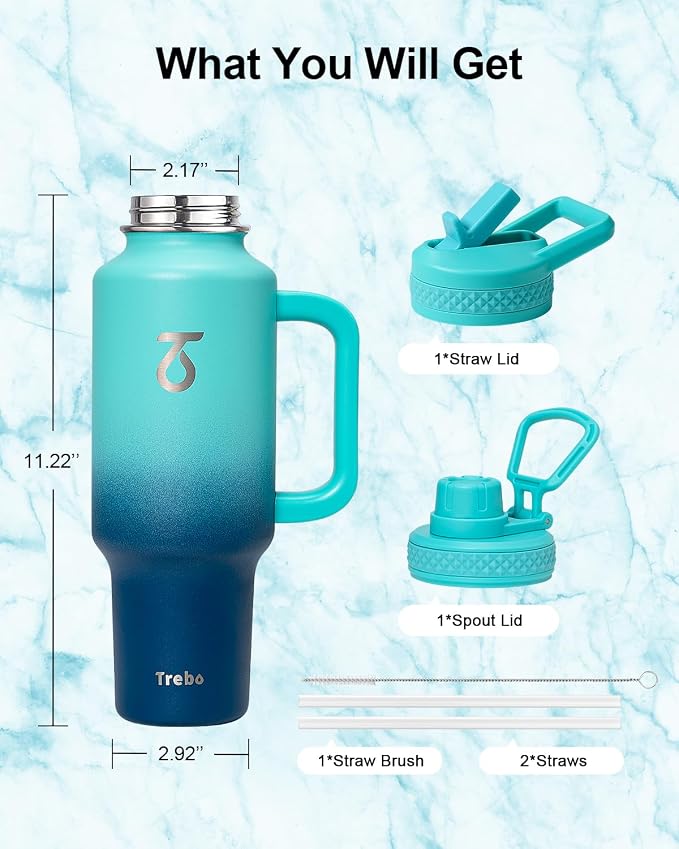 Trebo Insulated Water Bottle 40 oz Fits in Car Cup Holder with Side Handle | Stainless Steel Metal Tumbler with Straw Spout Lids, Triple-Wall Vacuum Copper Plated, Cold 48 Hrs Hot 24 Hrs for Travel, Gym