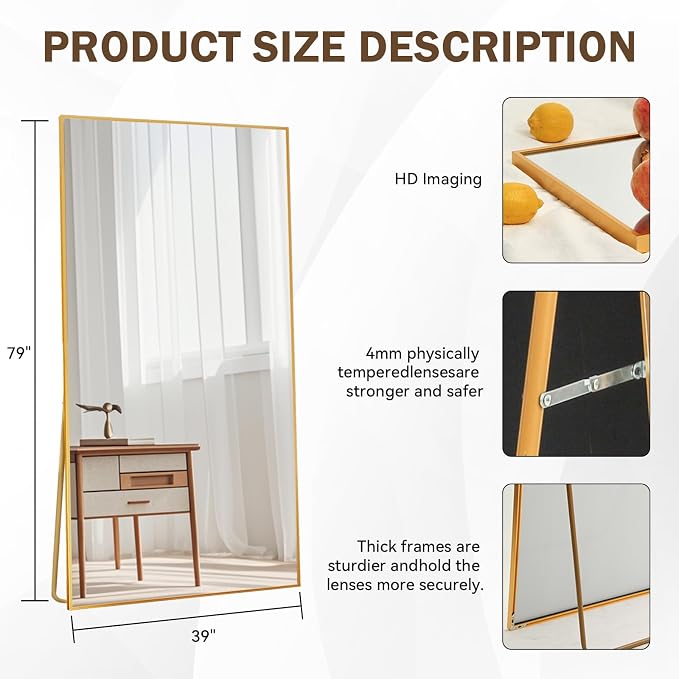 LFT HUIMEI2Y 79"x39" Full Length Mirror, Gold Floor Mirror | Tempered Oversized Mirror Full Body with Aluminum Alloy Frame; Standing, Leaning, or Wall Mount for Bedroom, Living Room