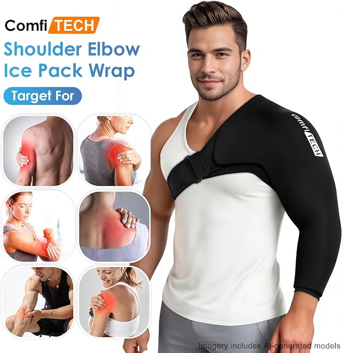ComfiTECH Shoulder Arm Ice Pack Wrap for Pitchers, Flexible Ice Sleeve, XL | Flexible Shoulder Ice Brace for Arm & Elbow, Cold Gel Application for Volleyball Player, Athlete & Throwing Recovery