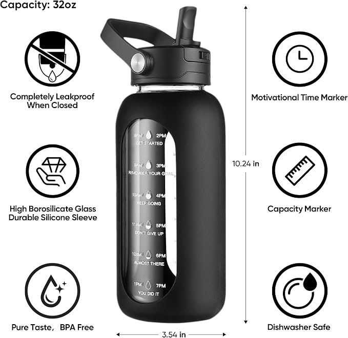 CIVAGO 32 oz Glass Water Bottle with Detachable Straw and Time Maker | Motivational Large Flask Cup with Handle, Leakproof Lids, Wide Mouth, Silicone Sleeve, Tumbler for Juice, Mauve