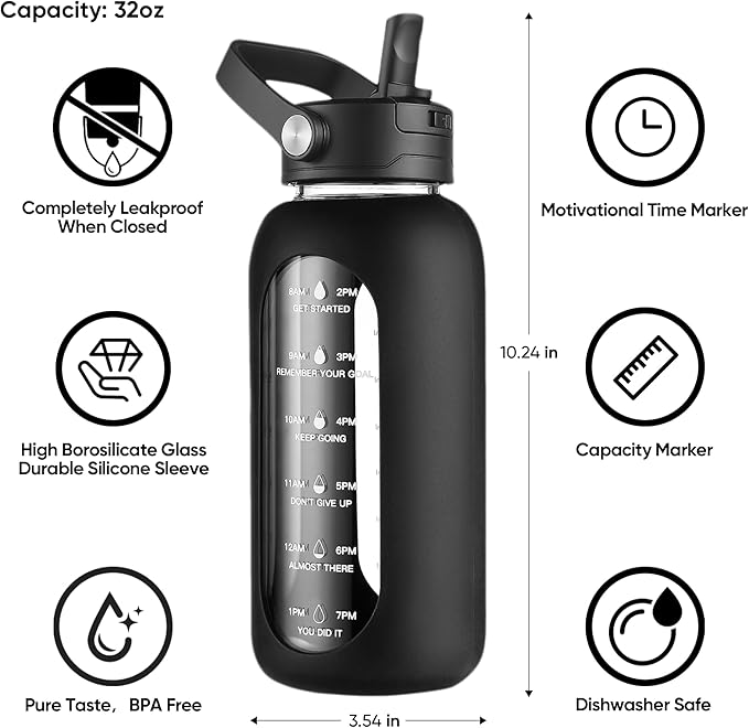 CIVAGO 32 oz Glass Water Bottle with Detachable Straw and Time Maker | Motivational Large Flask Cup with Handle, Leakproof Lids, Wide Mouth, Silicone Sleeve, Tumbler for Juice, Lilac