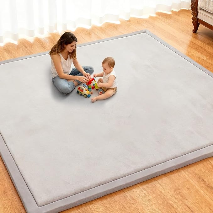 Baby Play Mat for Floor, 79'' x 71'' Thicken Foam Soft Padded Playmat for Tummy Time, Playpen Mat for Toddlers Infant Kids, Water-Repellent Coral Velvet, Non-Slip Bottom Safe for Crawling, Light Grey