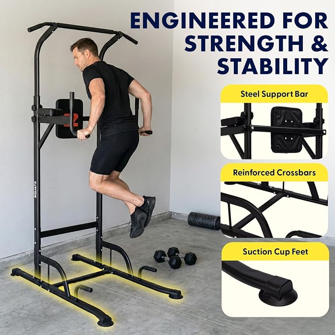 Power Tower Pull Up Station with Free Standing Pull Up Bar, Multi-Grip Workout Frame with 6 Adjustable Heights, H-Base Stability, Steel Construction, 330 lb Capacity for Home Gym, Black