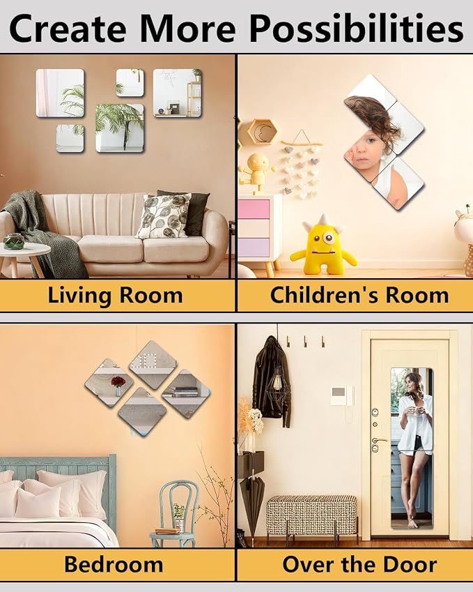 Shatterproof Wall Mirror Full Length for Bedroom, Unbreakable Acrylic Gym Mirror for Home Makeup, 8 x 8 Inches x 4 Pcs, Shaving Mirrors Safe for Kids, Over The Door, Long Hang Plexiglass Wall Mounted