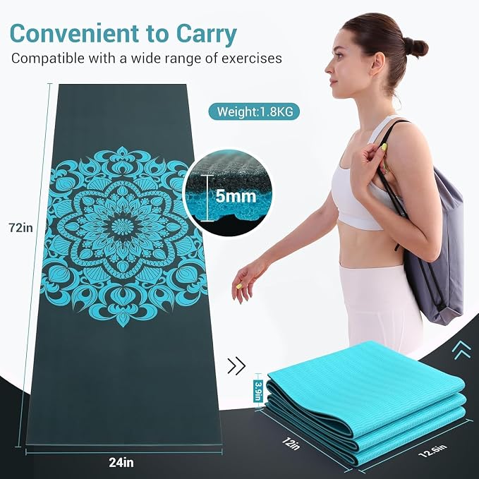 Avoalre Folding Yoga Mat, Eco-Friendly PVC Travel Yoga Mat Packable, Double Sided Non-Slip Printed Yoga Mats with Bag for Home Workout Gym Exercise Fitness Pilates Stretching (72" x 24" x 1/5" Thick)