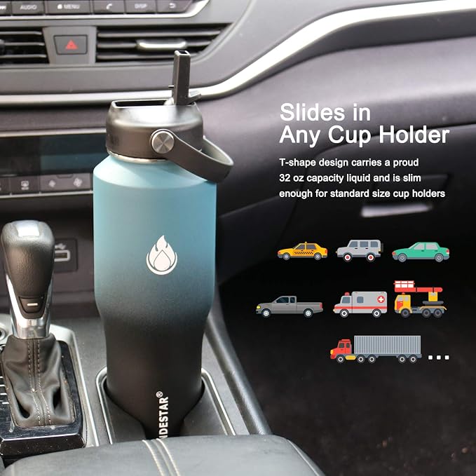 SENDESTAR Water Bottle 32oz,2 Lids(Straw lid),Wide Mouth Stainless Steel Vacuum Insulated Double Wall Keep Liquids Cold or Hot All Day,Sweat Proof Sport Design,Fit Car Cup Holder