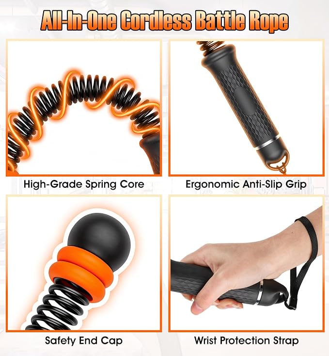 Weighted Ropeless Battle Ropes with Adjustable Spring Resistance, Quiet Cordless Battle Rope Sticks for Apartment Home Gym, Portable Workout Equipment with Weighted Handles for HIIT Cardio Training