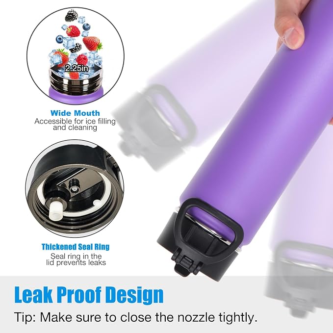 Volhoply 24 Ounce Insulated Water Bottle With Straw Lid,Stainless Steel Wide Mouth Sport Bottles With Handle,Double Wall Vacuum Cups keep Cold,Reusable Travel Thermal Cups For Holder,Gym(Purple,1)