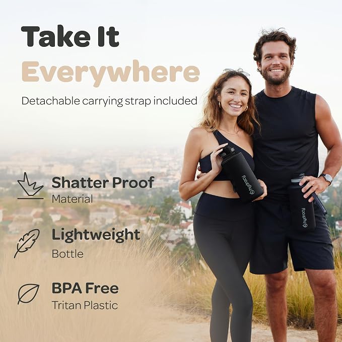 Hydracy 2L Large Water Bottle, Shatterproof, BPA Free Tritan Plastic, Leakproof, Zero Condensation, With Detachable Carry Strap, Spillproof Lid, Convenient Silicon Spout, Ideal for Gym, Yoga | Leakproof,BPA Free,No Sweat Neoprene Sleeve,Carry Strap,Dai...