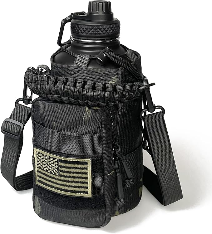 DEFUNX Half Gallon Water Bottle with Sleeve - 64 Oz Insulated Water Jug with Strap Stainless Steel Big Gym Water Bottles for Men Sports Workout Hiking Camo Black