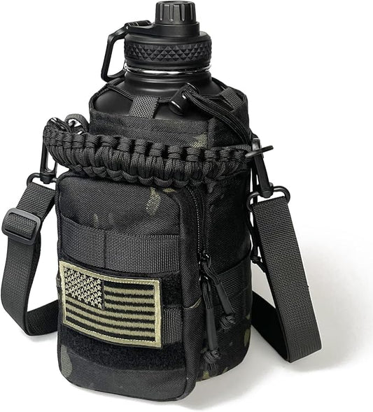 DEFUNX Half Gallon Water Bottle with Sleeve - 64 Oz Insulated Water Jug with Strap Stainless Steel Big Gym Water Bottles for Men Sports Workout Hiking Camo Black