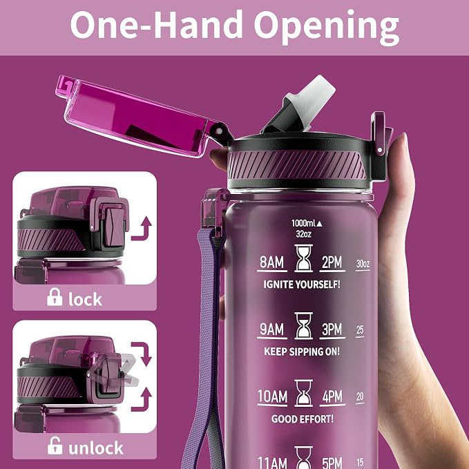 QLUR Water Bottle with Straw, 32oz Motivational Water Bottles with Time Marker to Drink, Tritan BPA Free, 1L Sports Water Bottle with Carry Strap LeakProof for Women Gym Fitness Outdoor (1 Pack)