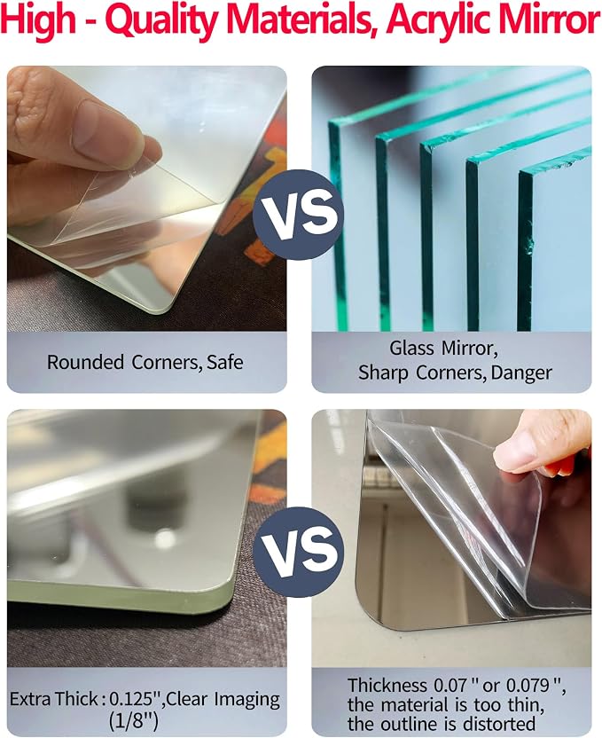 Shatterproof Peel and Stick on Mirror Tiles for Wall Decorative, 4 pcs 14”x12” Unbreakable Small Mirrors for Wall Classroom Decor, Toddlers Mirror for Kids Bedroom, Plastic Door Adhesive Mirrors