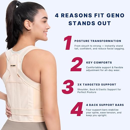 Fit Geno Posture Corrector for Women & Men, Adjustable Upper Back Brace | 4 fiberglass stays with breathable mesh gently pull your shoulders back to correct rounded posture and ease upper back strain