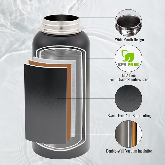 Fijinhom Insulated Water Bottle with Handle, 304 Stainless Steel Water Bottles with Wide Mouth, Double Wall Vacuum Sports Water Bottle, BPA Free, Keep Cold and Hot, 32 Ounces Black/Gray
