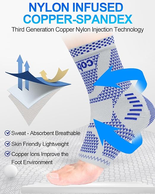 LISEPWU Copper Ankle Brace for Men & Women, Ankle Compression Sleeve 1 Pair | Infused Copper Ankle Support Sleeve for Foot Pain, Sprained Ankle, Achilles Tendonitis, Plantar Fasciitis, Daily use (Blue S)