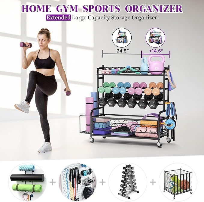 VOPEAK 3-Tier Dumbbell Rack with Wheels, Weight Rack for Home Gym Storage | Stores dumbbells, kettlebells & yoga mats. Lockable wheels for mobility. Sturdy steel frame, easy 15-min assembly