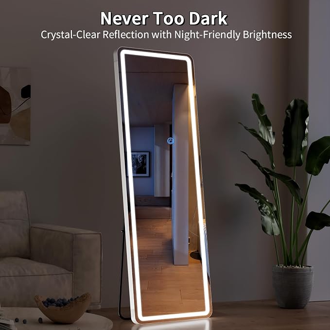 Koonmi LED Full Length Mirror, 63"x20" Full Length Mirror with Lights, Lighted Floor Mirrors with Stand, Full Body Mirrors with Dimming & 3 Color Lightingfor Living Room Cloakroom, White
