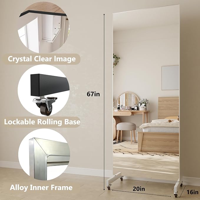 Full Length Floor Mirror with Wheels, Super Lightweight Glassless Shatterproof Film Mirror, Rolling Mirror for Home Gym, Dance Studio, Yoga Room, 67×20Inch, White