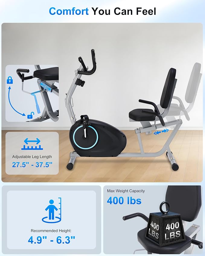 Recumbent Exercise Bike for Seniors - 400LB Weight Capacity Recumbent Bikes with Comfortable Seat, Pulse Sensor, 16-level Resistance, LCD Monitor