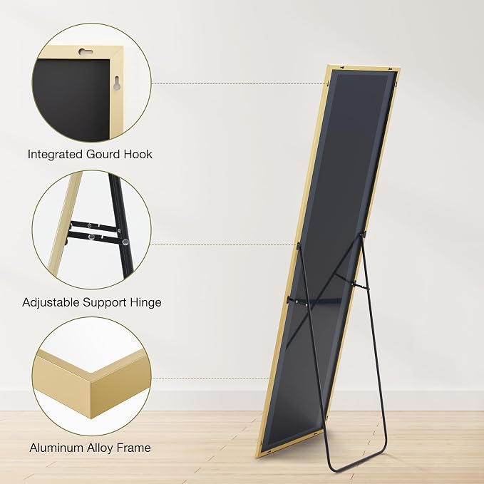 OLIXIS 59"x16.6" Full Length Mirror, Full Body Mirror with Stand | Aluminum Alloy Thin Frame, Free Standing Mirrors for Bedroom, Hanging or Leaning Floor, Living Room Bedroom, Gold