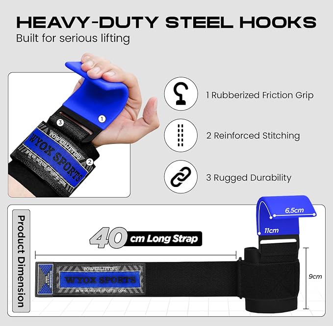 Weight Lifting Hooks for Men & Women – Heavy Duty Gym Hooks with 8mm Padded Wrist Support Grips to Lift Heavier, Reduce Grip Fatigue & Improve Performance for Deadlifts, Pull Ups & Rows, Pair of 2
