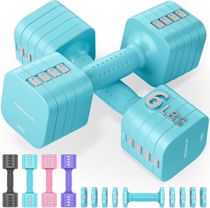 FEIERDUN DB3 5-in-1 Adjustable Dumbbell Set, 6LB/10LB Pair Adjustable Weights for Women at Home, Dual Locking Stable Hand Weights with TPU Soft Handle, Home Gym, Rehab, Pilates, Yoga, Strength Training