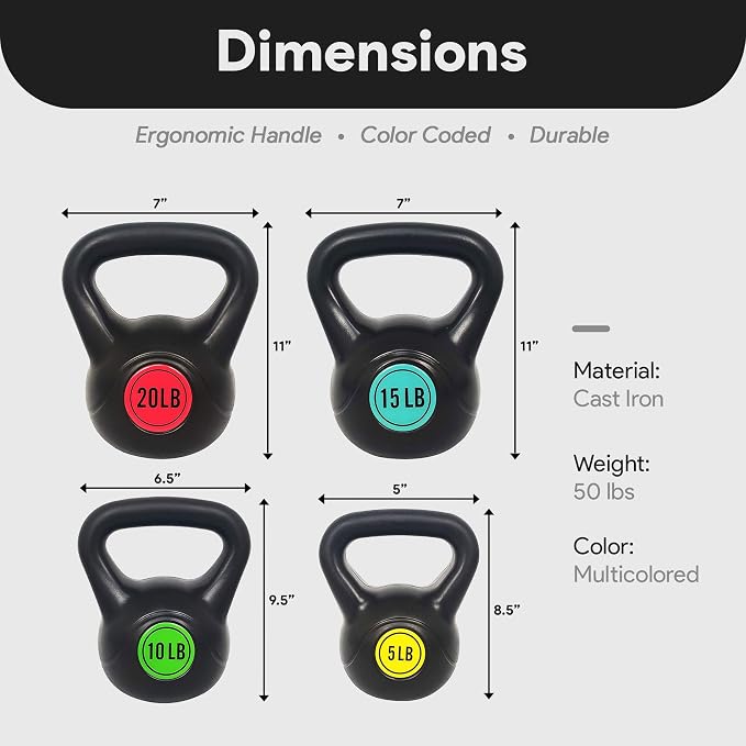 BalanceFrom Vinyl Kettlebell Set, 30/45/50/75 Pound Options – Cement-Filled Strength Training Weights with Ergonomic Grip and Color Coding for Full Body Fitness at Home or Gym