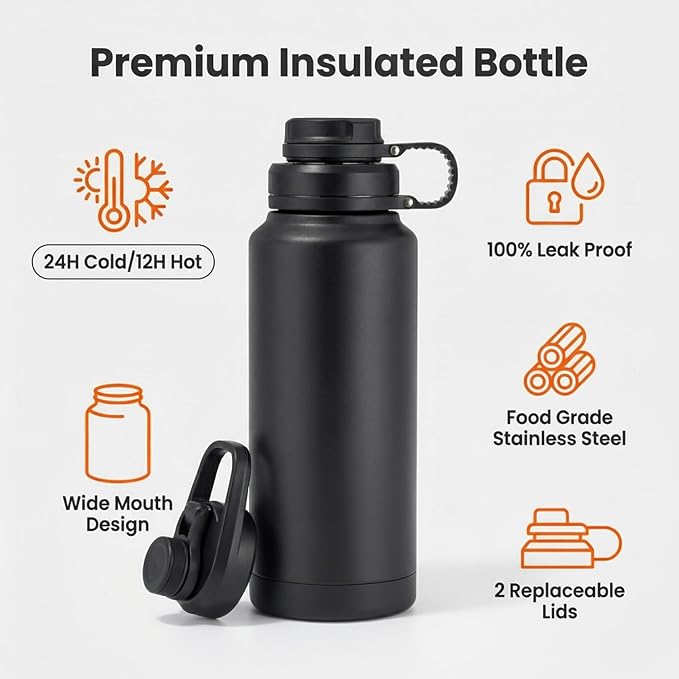 32 oz Metal Stainless Steel Insulated Water Bottle | Sports Black Water Bottle Leak Proof with Spout Lid & Handle Lids,Keep Cold for 24 Hrs Hot for 12 Hrs,For Gym,Men,