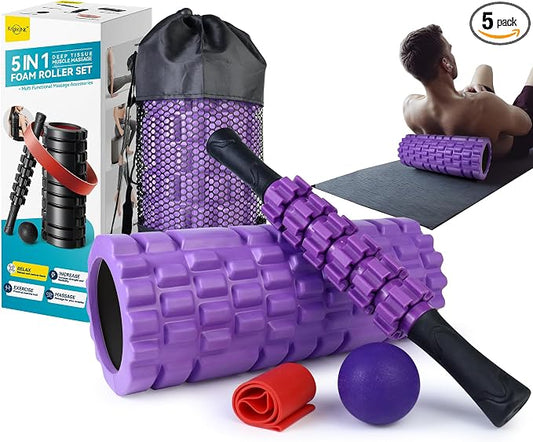 Krightlink 5 in 1 Foam Roller Set High Density Deep Tissue Massager | Trigger Point Massage Roller for Muscle Massage, Massage Ball, Resistance Band for Whole Body Physical Therapy Purple