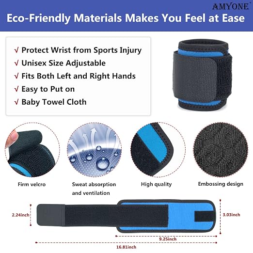 AMYONE 2 PACK Wrist Wraps for Sports for Women/Men, Highly Elastic Adjustable Wrist Brace Sweat Bands Compression Support for Tennis/Gym/Fitness/Weightlifting/Carpal Tunnel/Pain Relief, Azure Blue