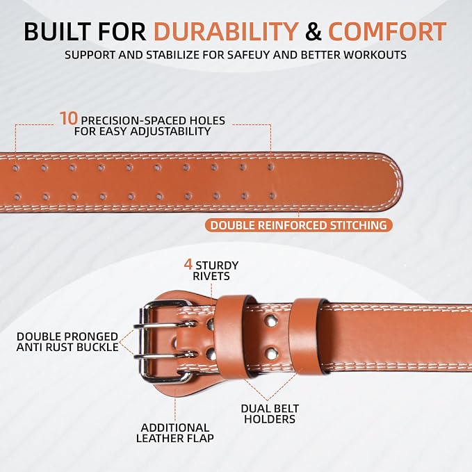 Leather Weight Lifting Belt, 4”& 6”Padded Lumbar Back Support, 10 Adjustable Holes, Gym Weight Belt Ideal for Deadlift, Powerlifting, Bodybuilding and Squat
