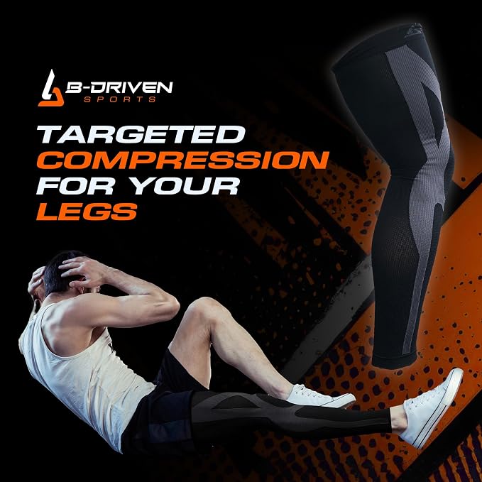 B-Driven Sports Full Leg Compression Sleeve For Men Women - Medical Grade 20-30mmHG - Running Recovery Swelling Thigh Support