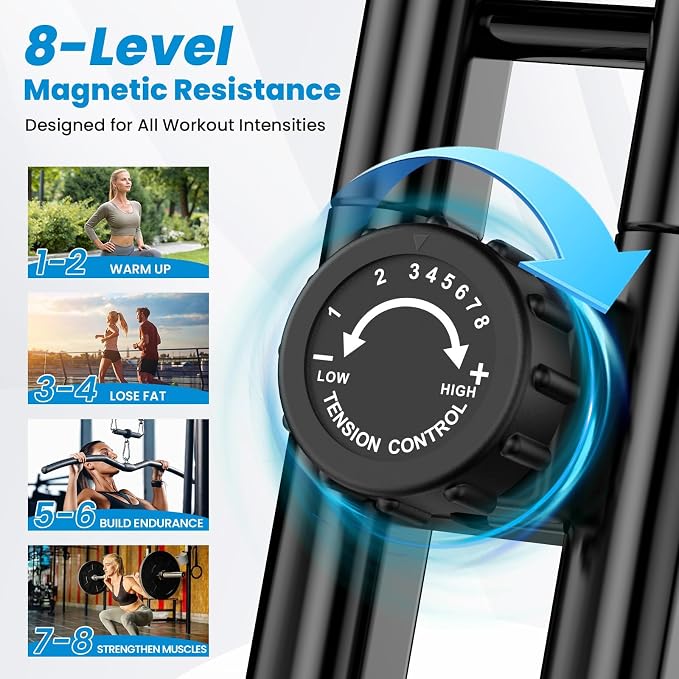 Foldable Exercise Bike, 8-Level Magnetic Stationary Bike for Home Gym | Quiet Indoor Workout Bike with Arm Resistance Bands, LCD Monitor, and 300 LBS Capacity for Full-Body Cardio Training