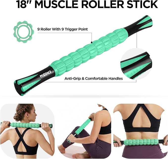 Muscle Roller & Massage Roller Stick for Athletes - Lymphatic Drainage Support, Relieves Muscle Soreness, Cramping & Tightness - Targets Legs, Arms, Back & Calves （Mint Green Wheel）