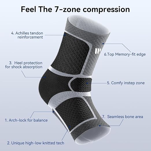 Flat Knitting Ankle Brace For Women&Men, 7-Zone Dynamic Compression Sleeve w/Flex Strap,Foot Support For Sports, Sprained Ankle, Achilles Tendonitis, Plantar Fasciitis Relief(Pack of1)M, Black