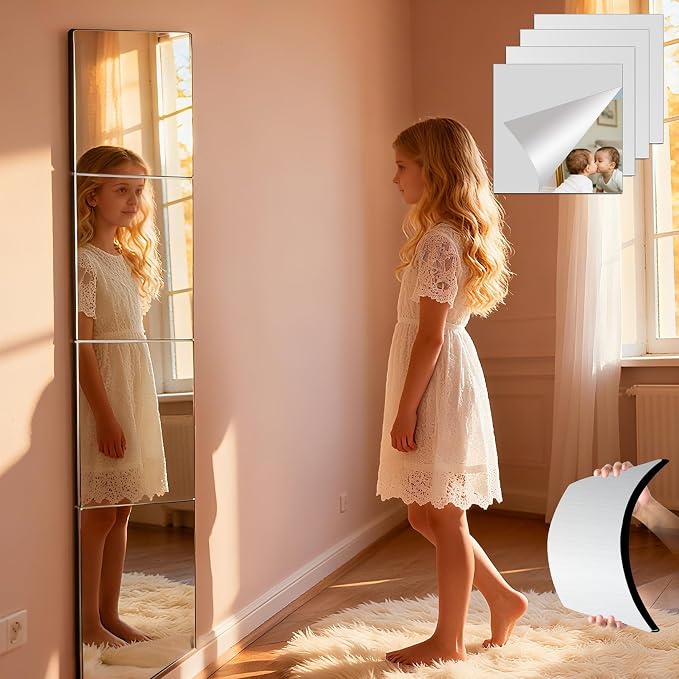 Unbreakable Kids Mirror Tiles for Wall Decor, 4 PCS 8 x 8 Inches Toddler Mirror Full Length, Stick on Classroom Small Plastic Baby Mirrors, Shatterproof Home Gym Acrylic Door Mirrors for Bedroom