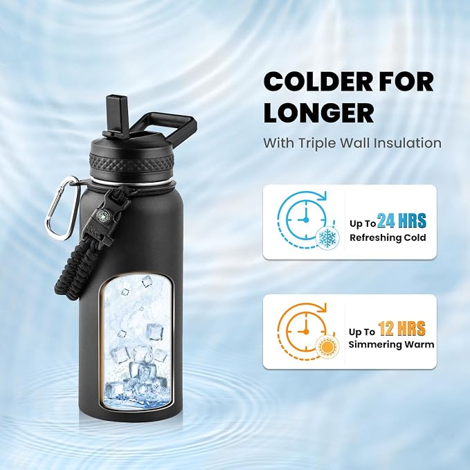 RAYMYLO Insulated Water Bottle 32 oz, Triple Wall Vacuum Stainless Steel | (Cold for 24Hrs, Hot for 12Hrs), Leak Proof & Non-BPA, Modern Water Flask Jug with Paracord Handle & Straw Spout Lids