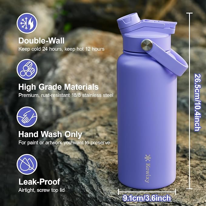 KEWIXY 32 oz Insulated Water Bottle, 2-in-1 Lid, Straw & Spout with Protected, Leak Proof, Keep Cold, Stainless Steel, Metal, Reusable, Handle, for Outdoor, Gym and School, 2 Lids, Aurora Blue