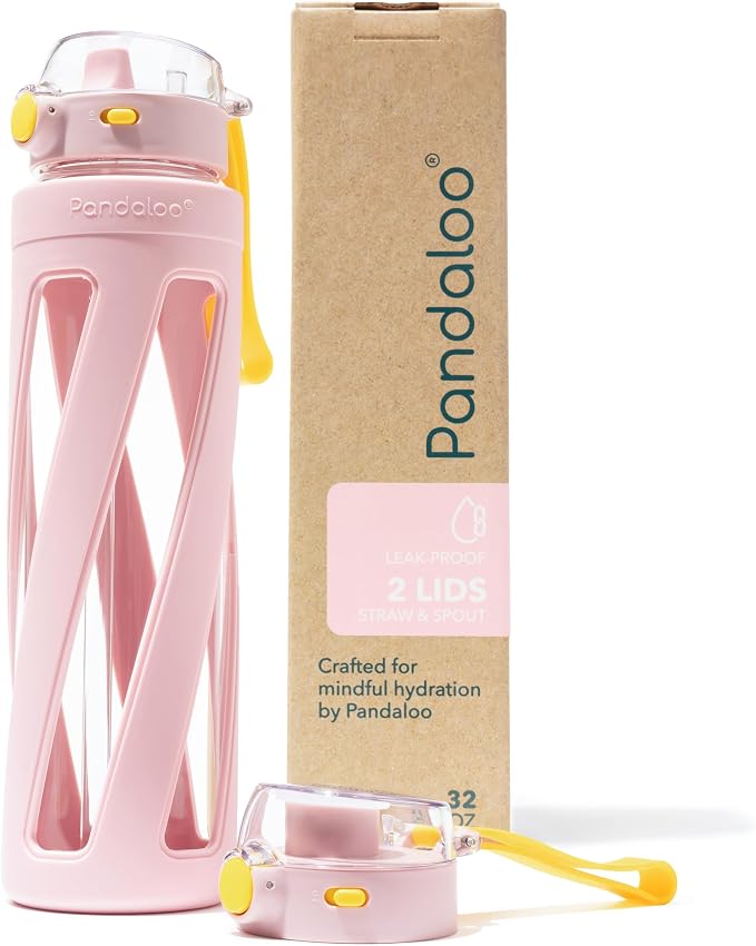 Pandaloo® Orbit 32 oz Glass Water Bottle with 2 Leak-Proof Lids (Straw & Spout), Wide Mouth, Borosilicate Glass, BPA-Free, Cup Holder Friendly for Gym, Work, Travel & Daily Hydration– Tender Pink