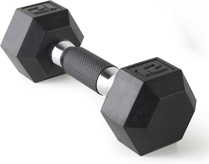 CAP Rubber Coated Dumbbell Weights, Free Weights for Home Gym Strength Training, Anti-Roll Hex Dumbbells with Black, Chrome & Comfort Grip Handles, Singles