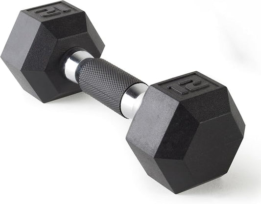 CAP Rubber Coated Dumbbell Weights, Free Weights for Home Gym Strength Training, Anti-Roll Hex Dumbbells with Black, Chrome & Comfort Grip Handles, Singles