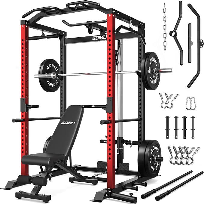 C1-V4 Power Cage, 2000LBS Squat Rack with LAT Pulldown, Multi-Function Weight Cage Strength Training Machine, Workout Cage with More Attachments for Home Gym Garage