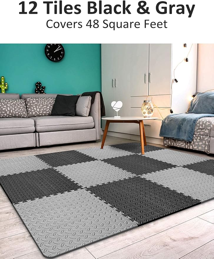 BEAUTYOVO Puzzle Exercise Mat with 12/24/48 Tiles Interlocking Foam Gym Mats, 24'' x 24'' EVA Foam Floor Tiles, Protective Flooring Mats for Gym Equipment